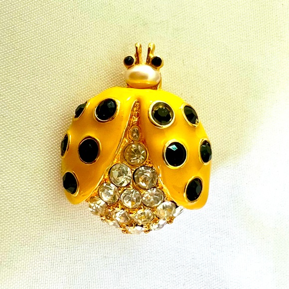 Graziano 1998 Vintage Lady Bug Brooch Pin Yellow Enamel Clear Crystal Gold Tone - Picture 1 of 6